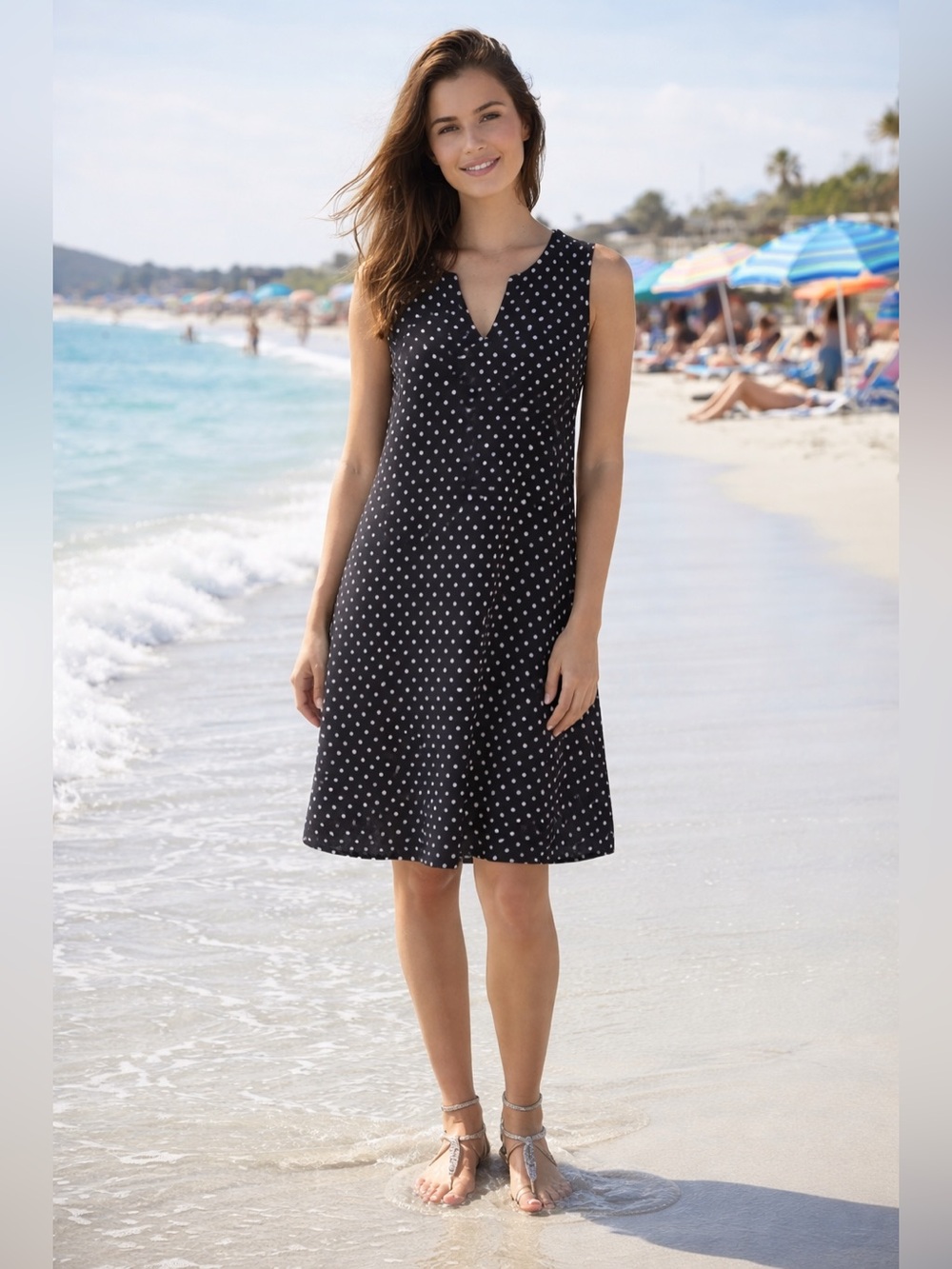 Lands’ End Polka Dot Sleeveless Jersey T-Shirt Dress Swim Cover Up Pockets XL 18